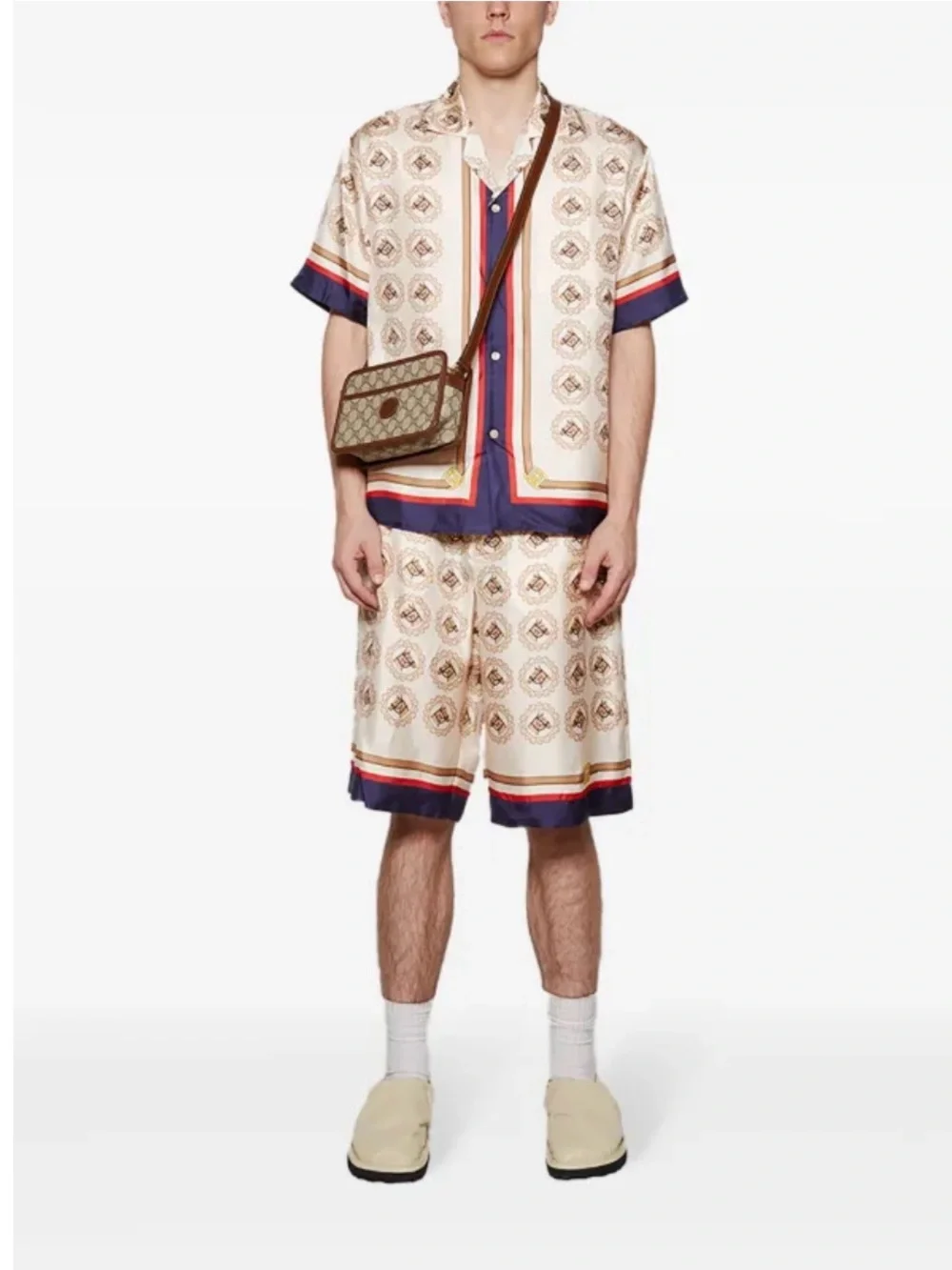 Gucci Beige Silk Graphic-Print Flat Front Shorts with Navy & Red Trim
